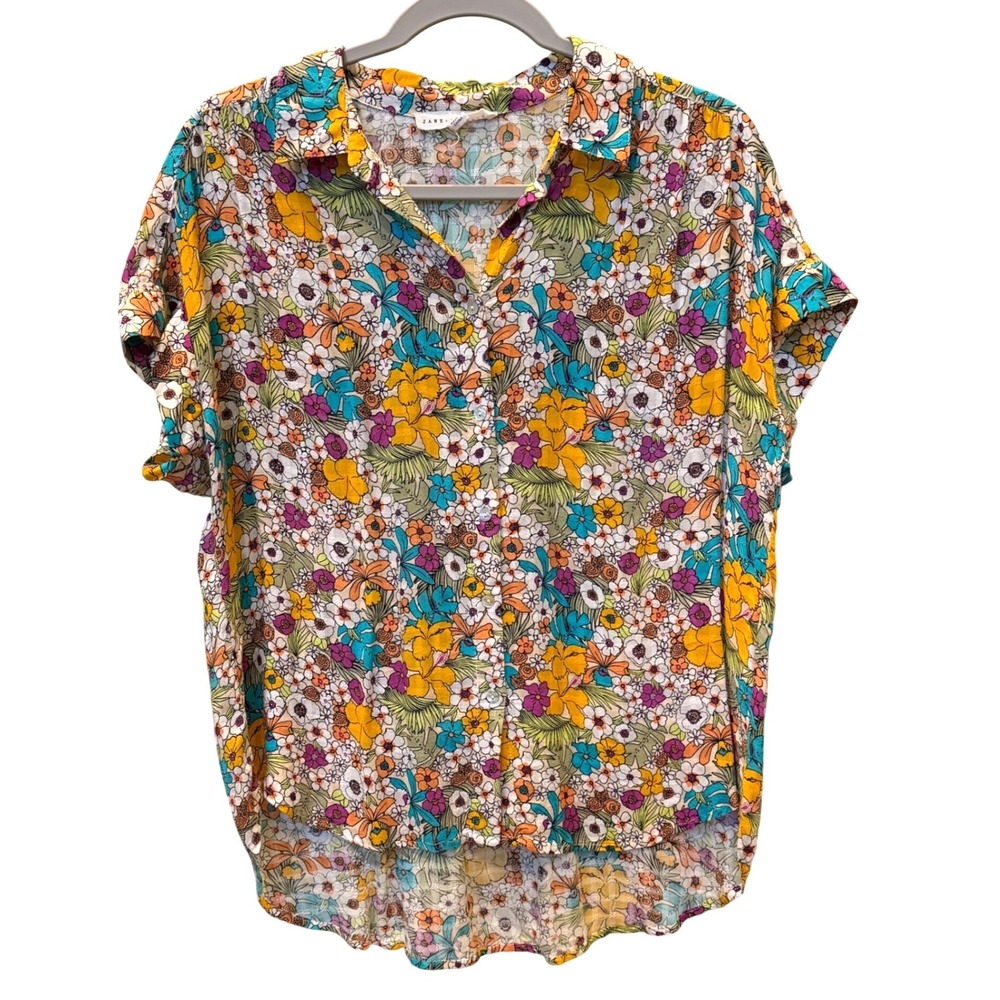 Jane + Delancey Womens Medium Floral Button Down Short Sleeve Top Retro Tropical